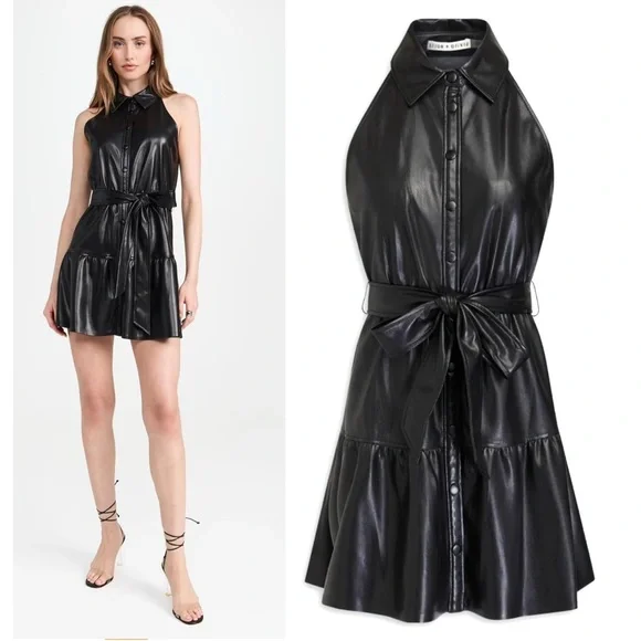 Alice + Olivia Miranda Vegan Leather Tiered Button Down Sleeveless Mini Dress - Picture 10 of 16